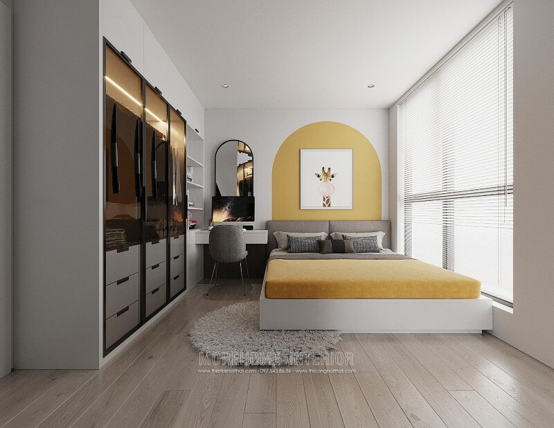  Đồ nội thất phòng ngủ gỗ công nghiệp thiết kế giản đơn trẻ trung. Chiếc ga đệm giường màu vàng được coi là điểm nhấn cho không gian này